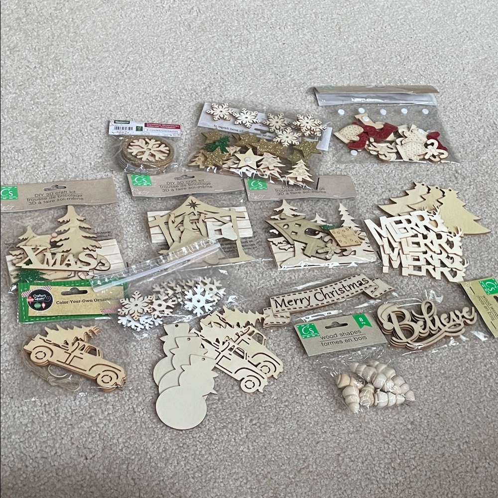 Wooden Christmas Ornament Set - Natural and White craft supplies